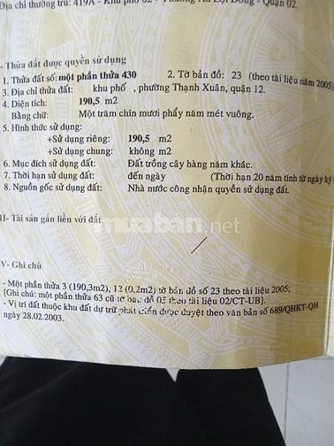 Bán ,đất nhà phường Thạnh Xuân 5x38 nhà 5x14