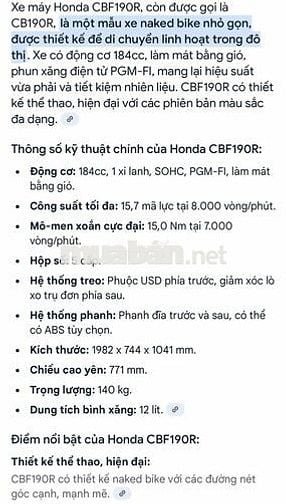 Mô tô CBF190R Honda biển 34 (9 chủ còn TL) đi 1700