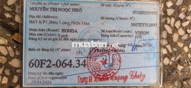 Vision 2016 bs 60 chính chủ bao công chứng