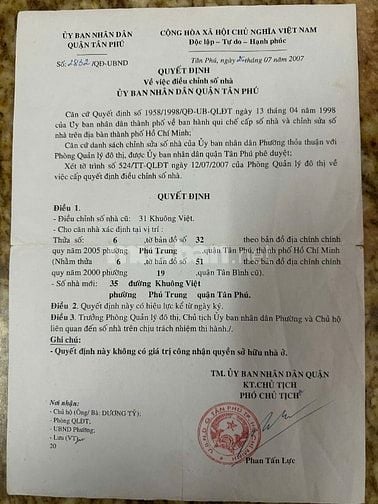 Bán nhà mặt tiền số 35 Khuông Việt phường Phú Trung quận Tân Phú TP Hồ