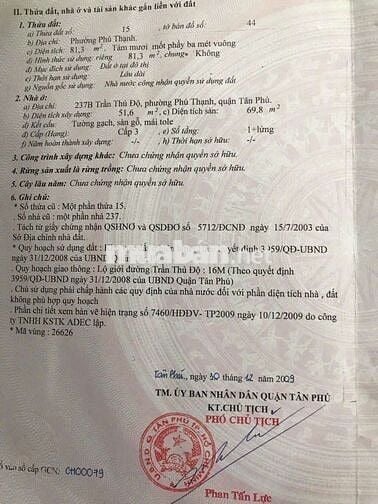 Bán nhà 237b trần thủ độ   phường phú thạnh 4,3 x 19, cấp 4, giá 9.9ty