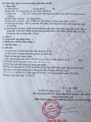 Bán đất chính chủ 1300m2 (Thổ cư 1000m2) đường oto Trường thọ Thủ Đức 