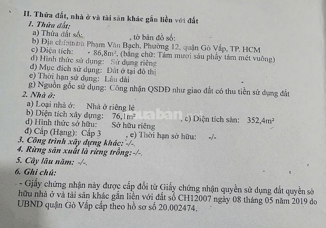 BÁN NHÀ MẶT TIỀN : 444 PHẠM VĂN BẠCH - P. 12 - Q. GÒ VẤP - TPHCM