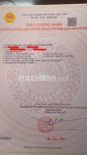 Kẹt tiền cần bán gấp 1260m2 đất Bình Chánh chợ Hưng Long