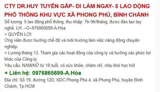 CTY DR.HUY TUYỂN GẤP- ĐI LÀM NGAY- 5 LAO ĐỘNG PHỔ THÔNG