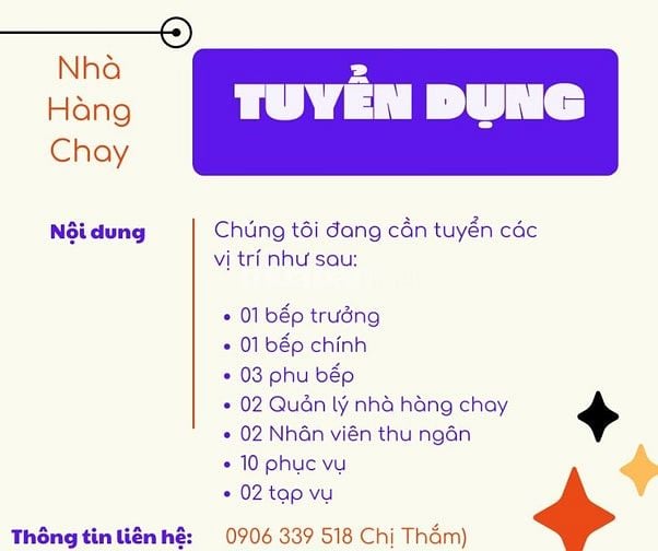 Cần tuyển gấp bếp chay cho nhà hàng tại Tân Phú