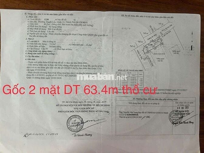 Đất 2 Mặt Tiền Đường Thông DT: 4.85m x 13.5m Thổ Cư 63.5m SHR