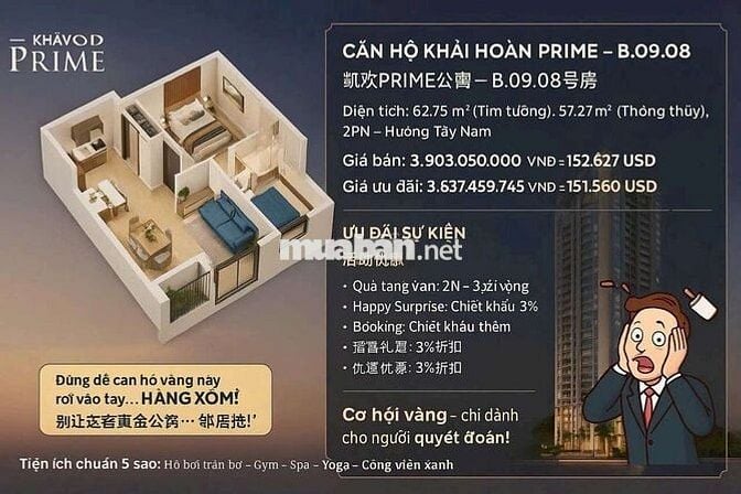 ✨ Khải Hoàn Prime – Căn hộ 2PN, view Tây Nam, ưu đãi vàng cực sốc! ✨