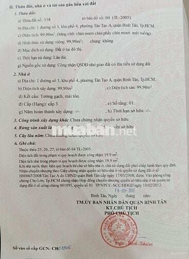 Bán MT đường Số 3, Tân Tạo A, Bình Tân DT 8 x 12.5m. Giá bán 6.8 tỷ TL