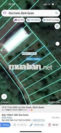 Chính chủ bán 149m2 đất thổ cư Định Quán 850tr