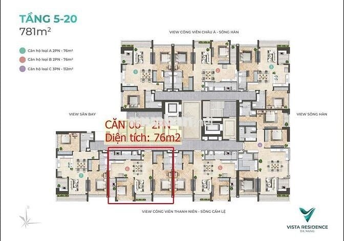 Mua ngay căn hộ 2PN Vista Residence, trung tâm Hải Châu, giá ưu đãi !!