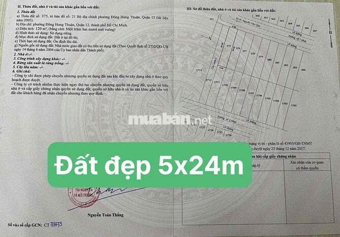 Bán lô đất 5x24m, sát kênh Tham lương, khu phân lộ cực đẹp, 6ty1, Q12