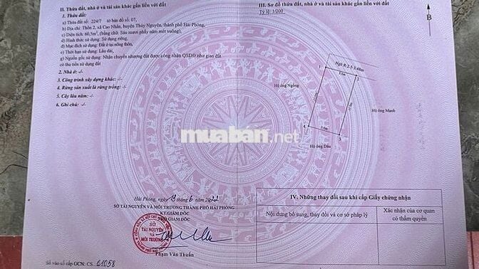 Bán lô đất 60.5 m2 cách đường liên xã Cao Nhân, Thủy Nguyên,HP chỉ 20m
