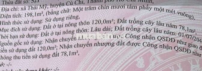 Bán đất 2 mặt tiền 198m2  xã Thái Mỹ