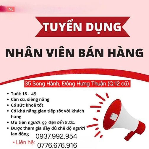 CHÍNH CHỦ TUYỂN NV BÁN HÀNG QUẬN 12