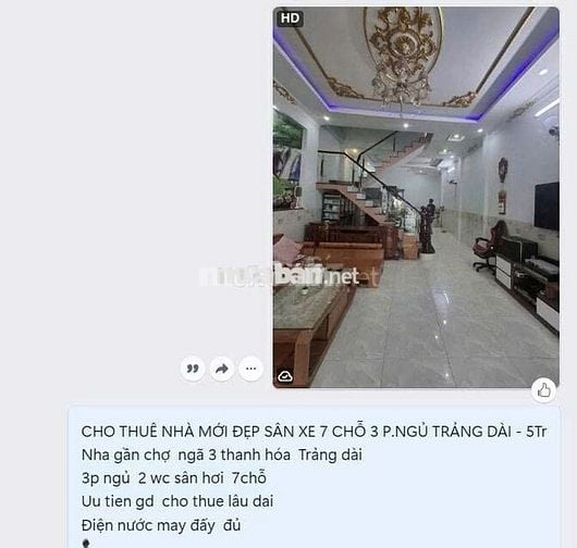 CHO THUÊ NHÀ PHƯỜNG TRẢNG DÀI GIÁ 5 TRIỆU