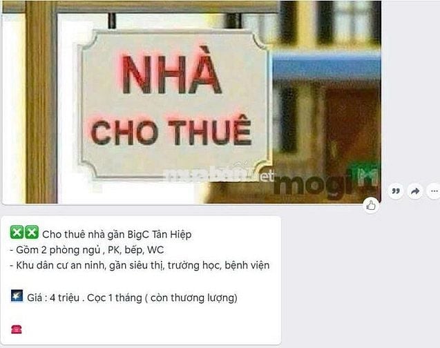 CHO THUÊ NHÀ PHƯỜNG TÂN HIỆP GIÁ 4 TRIỆU