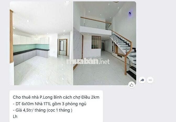 CHO THUÊ NHÀ PHƯỜNG LONG BÌNH GIÁ 4,5 TRIỆU