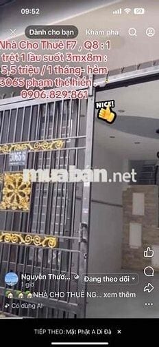CHO THUÊ NHÀ NGUYÊN CĂN PHẠM THẾ HIỂN QUẬN 8