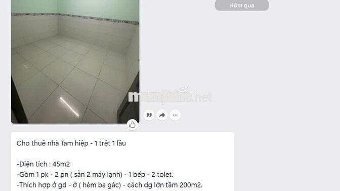 CHO THUÊ NHÀ PHƯỜNG TAM HIỆP GIÁ 4 TRIỆU