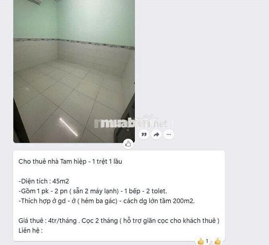 CHO THUÊ NHÀ PHƯỜNG TAM HIỆP GIÁ 4 TRIỆU