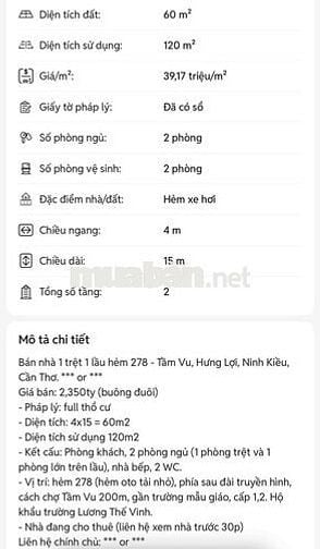 Bán nhà Trệt Lầu hẻm 278 Tầm Vu, 120m2, thổ cư 100%. Giá 2,350 tỷ