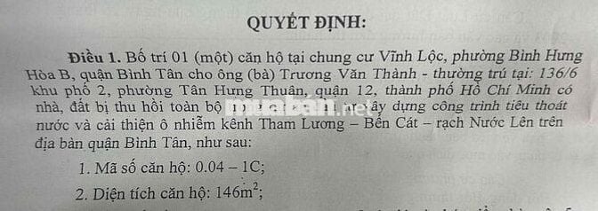 Chung cư Vĩnh Lộc tầng trệt quận Bình Tân