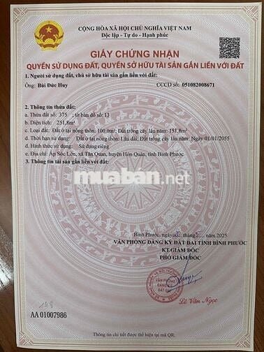 Bán gấp đất thổ cư xã tân quan, hớn quản, giá mềm gần dân