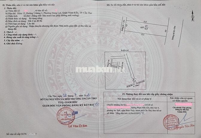 Nền thổ cư 62m2 - Hẻm 12 BV Da liễu - Đường 3/2 (Chính chủ)