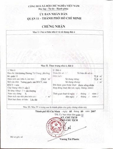 BÁN NHÀ MẶT TIỀN :  222 ĐƯỜNG DƯƠNG TỬ GIANG - P. 4 - Q. 11 - TPHCM