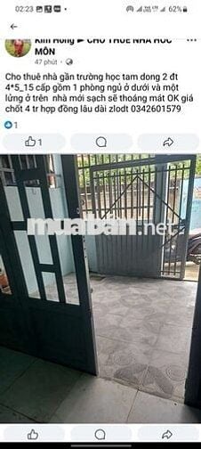 Nhà sạch sẽ,dt 4*15m,2pn,gác lững cổng rào, sân,gần chợ thới tứ