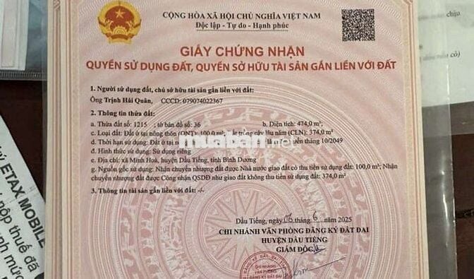 Bán đất thổ cư  mặt tiền đường nhựa tại bình dương