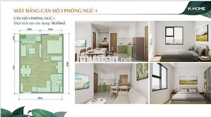 Căn hộ xã hội 46,69m2 1PN K-Home New City TP.Thủ Dầu Một