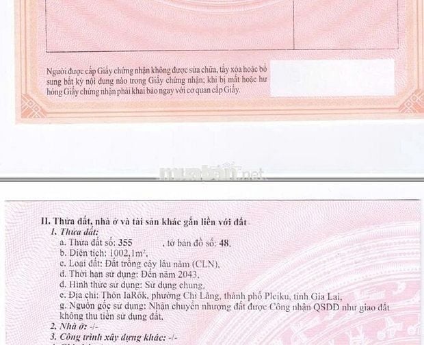 Bán 1000m2 - 300 Tr tại TP Pleiku Gia Lai cách QL19 400M