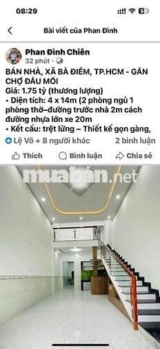 ✅BÁN NHÀ, XÃ BÀ ĐIỂM, TP.HCM  📍:GẦN CHỢ ĐẦU MỐI HÓC MÔN 💰Giá: 1.75 tỷ
