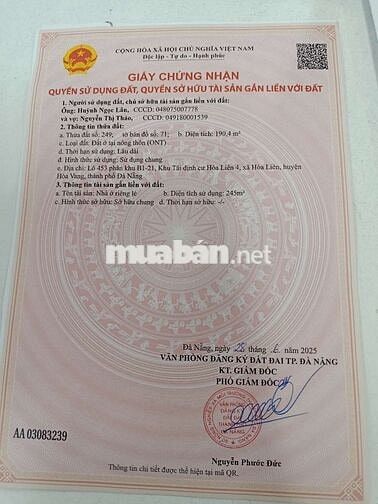 Cần bán nhà biệt thự khu phố chợ Quan Nam Hoà liên