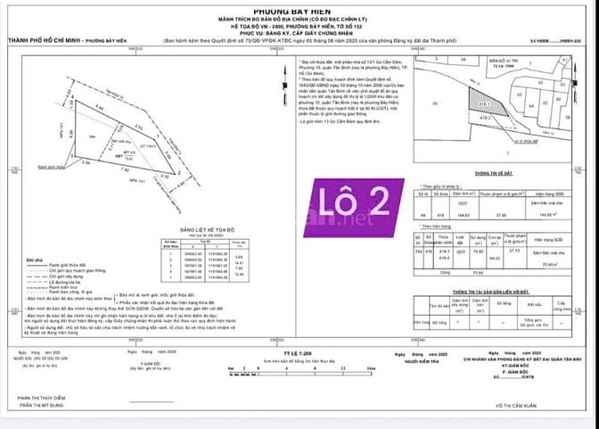 Cc bán 2 Lô đất đường Gò Cẩm Đệm Tân Bình  75m, 6,9 tỷ bớt lộc.