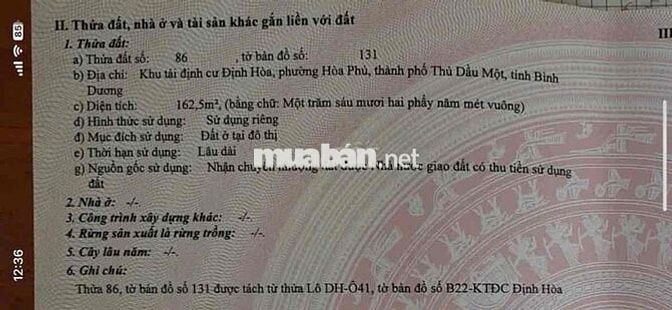 Bán đất tdc Định Hoà 5 x 32.5 thổ cư 100%