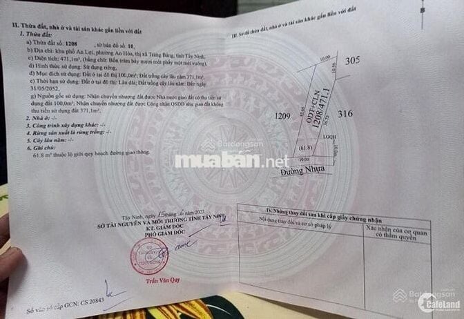 Cần bán 1 Lô đất 471m2 P. An Hòa trung tâm thị ủy trảng bàng 1,12 tỷ