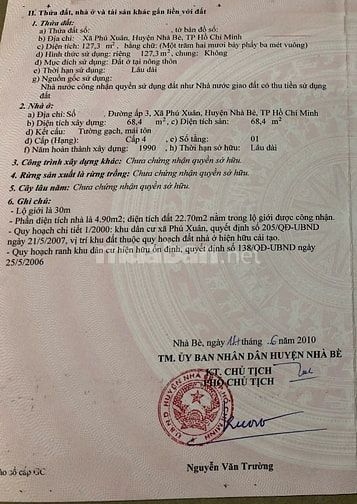 BÁN NHÀ MẶT TIỀN : 2226 HUỲNH TẤN PHÁT - X. PHÚ XUÂN - H. NHÀ BÈ - HCM