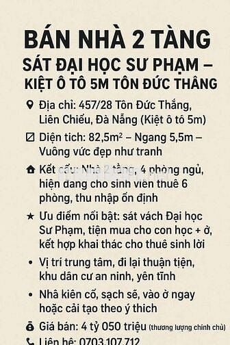 Cần bán nhà 2 tầng kiệt 457 tôn đức thắng