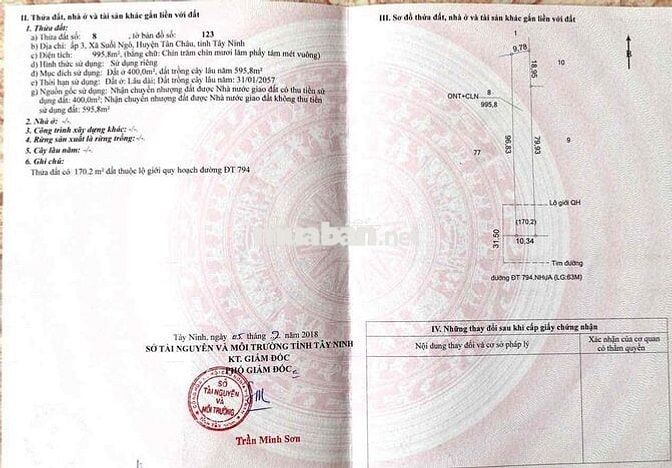Bán nhà đất mặt tiền ĐT 794.  Xã Suối Ngô (Tân Hoà mới), Tân Châu, Tây