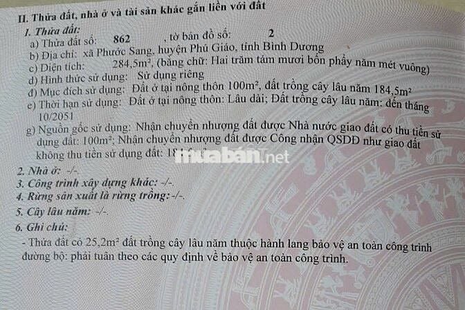 ĐẤT SHR 284,5m2 x.Phước Sang, Phú Giáo, Bình Dương