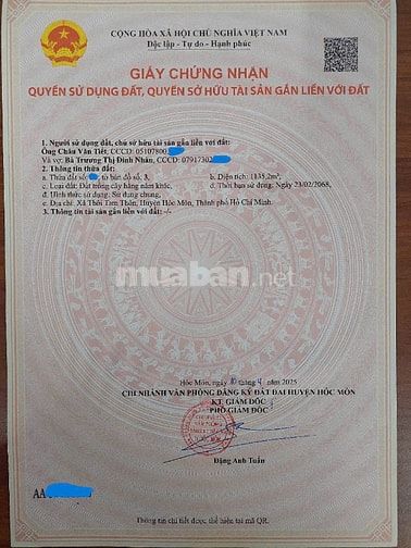 Bán đất ấp Trung Đông, xã Thới Tam Thôn, huyện Hóc Môn