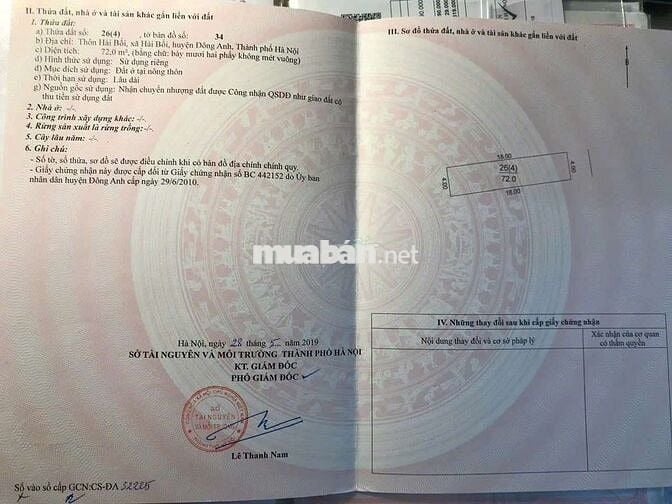 Bán 72m Hải bối đường thông ô tô đỗ cửa trải nhựa