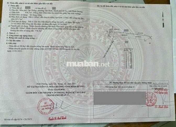 Đất 938m2 ngang 10 gần chợ Tân Bình, Tp Dĩ An