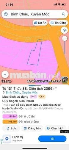 Chính chủ bán đất mặt tiền quốc lộ 55 biển Bình Châu - Tp Hồ Chí Minh