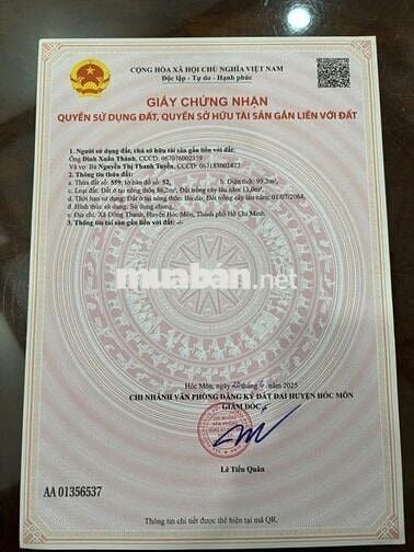 Bán Đất Thổ Cư - Hóc Môn : 6x17-100% Thổ Cư-Đông Thạnh. Giá 550 triệu