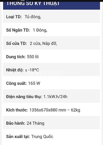 Cần bán tủ đông mới 95% Alaska 550L HB-550C
