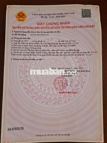 ĐẤT SỔ RIÊNG PHƯỜNG ĐÔNG HOÀ TPHCM GẦN KTX B ĐẠI HỌC QUỐC GIa dt 65,9m